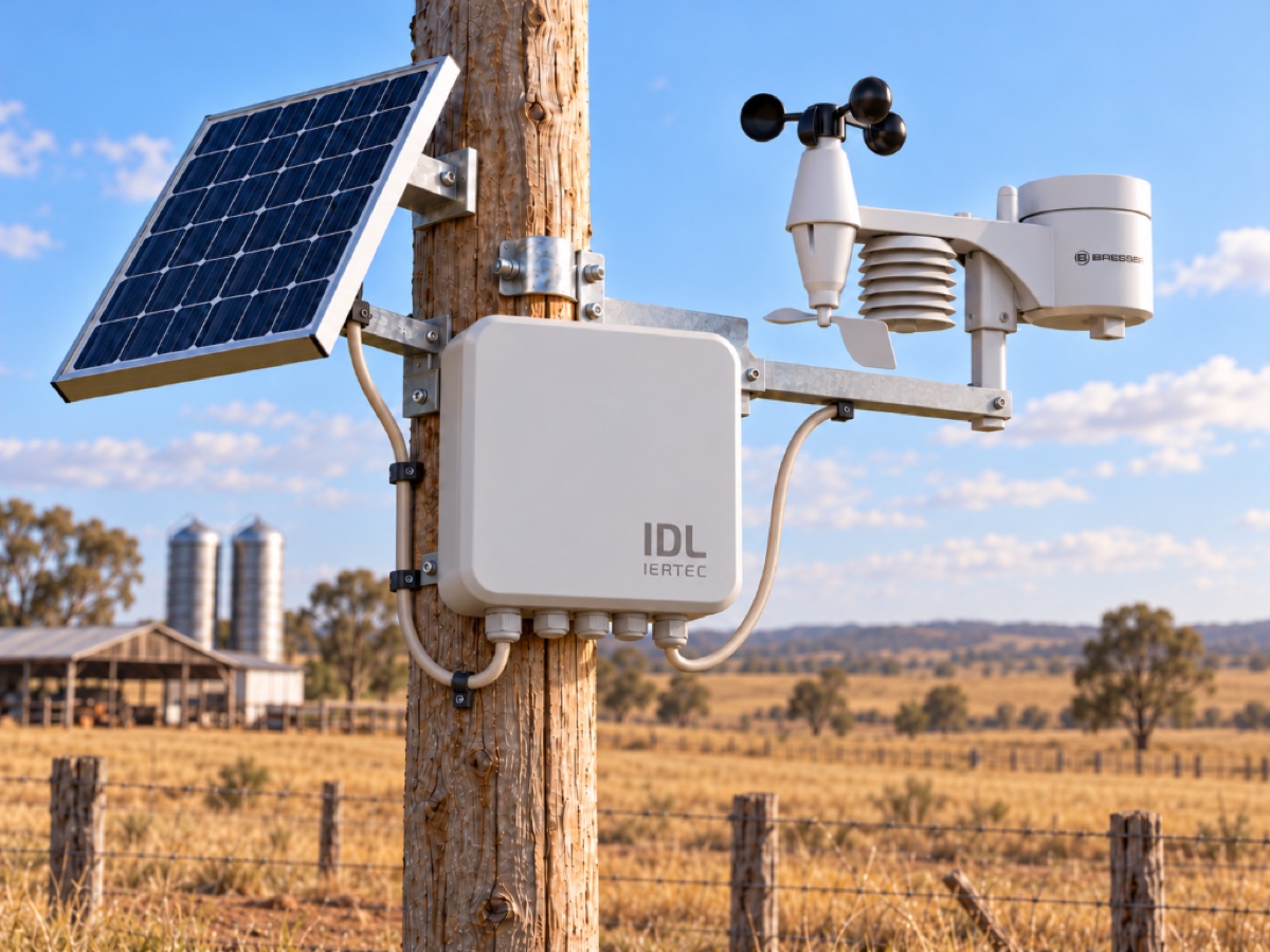 Datalogger iDL instalado con panel solar y sensores meteorológicos